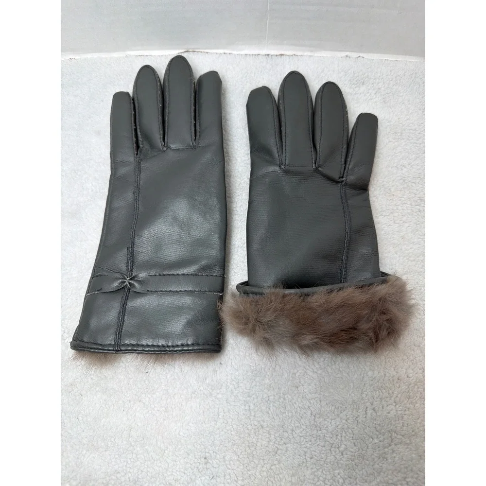 Vintage‎ Gloves Women 7.5-8.5 Gray Vinyl Fur Cuff Fleece Lined Bow Detail Size B